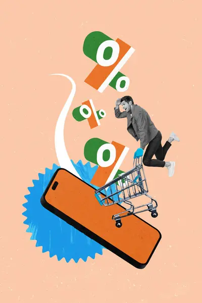Magazyn Obraz Szkic Collage Obraz Zabawny Facet Korzystających Online Zakupy — Zdjęcie stockowe