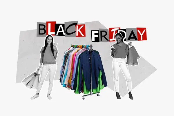 さまざまな新しいコレクションの創造的なコラージュ シャツ ワードローブラック 黒い金曜日の変更ルームの女の子は白い背景で隔離されたショッピング — ストック写真