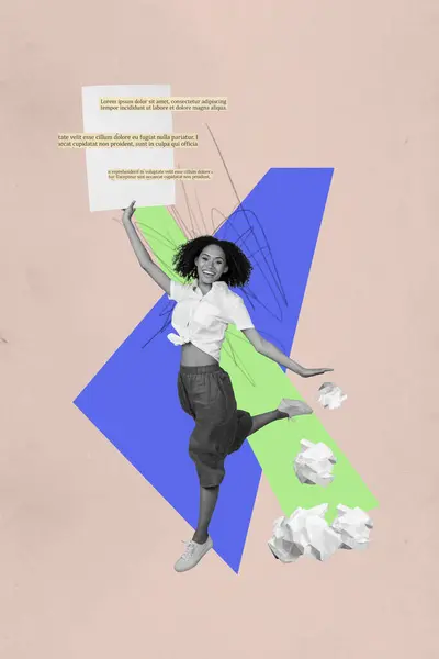 Verticale Collage Afbeelding Van Vrolijk Lachend Meisje Hand Holding Papier — Stockfoto