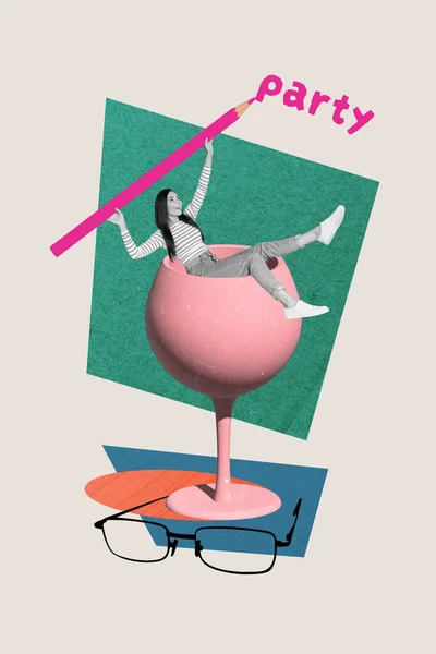 Vertical Creativo Collage Imagen Divertido Joven Mujer Cóctel Alcohol Disfrutar — Foto de Stock