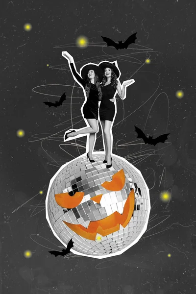 Modello Grafica Collage Immagine Sorridente Sexy Streghe Danza Halloween Discoteca — Foto Stock