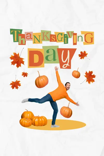 Uitnodiging Ansichtkaart Creatieve Collage Van Gelukkig Opgewonden Man Genieten Thanksgiving — Stockfoto