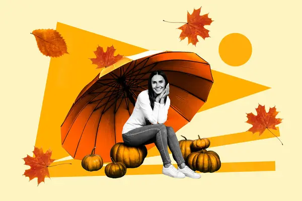 Picture image collage of pretty cute lovely lady sitting under umbrella enjoy cozy weather good mood isolated on drawing background.