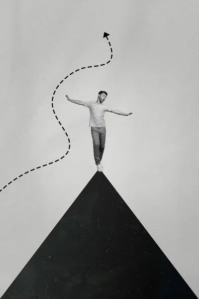 Vertical Creative Composite Abstract Collage Photo Funny Young Man Balancing — Stock Photo, Image