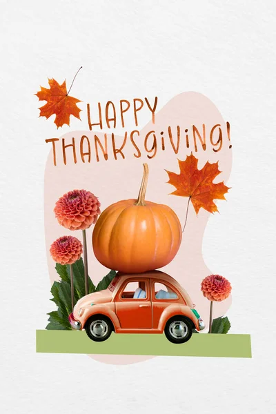 Creatieve Template Feestelijke Collage Van Familie Rijden Auto Voor Thanksgiving — Stockfoto