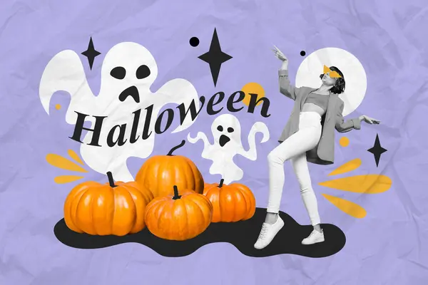 Collage Porträt Von Schwarz Weiß Effekt Funky Mädchen Tanzen Halloween — Stockfoto