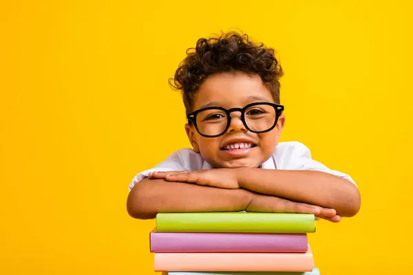 Portrait Cute Clever Small Boy Toothy Smile Lean Pile Stack — Stock Photo, Image