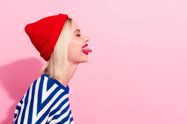 Side Profile Photo Funny Humorous Youngster Woman Wear Red Cap — Stock Photo, Image