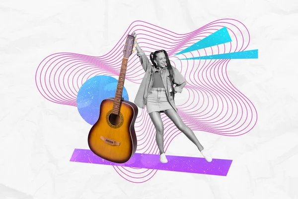 Creative drawing collage picture of excited young female youngster play guitar music have fun party disco dance billboard template metaphor.