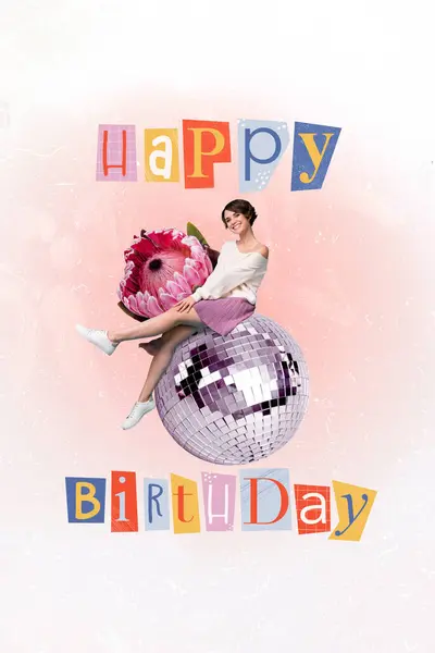 Creative artwork template collage of happy smiling lady sitting disco ball celebrating birthday isolated painting background.