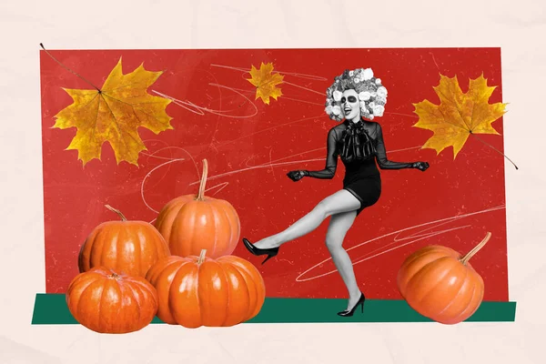Creativo Foto Collage Pintura Divertido Señora Catrina Bailando Halloween Disco —  Fotos de Stock