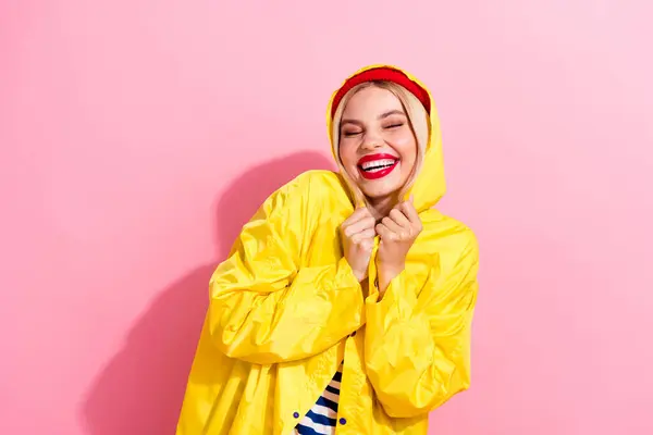 Photo Funky Cheerful Good Mood Girl Hiding Rain Dressed Yellow — Stock Photo, Image