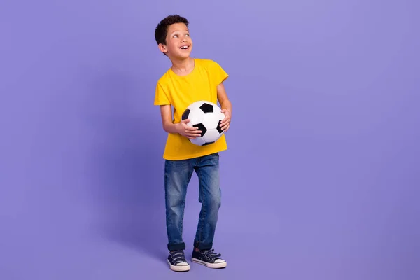 Full Body Photo Charming Young Boy Hold Soccer Ball Look — Stock Photo, Image