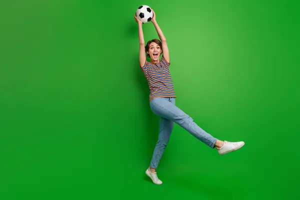Full Body Photo Impressed Positive Lady Arms Catch Hold Football — Stock Photo, Image