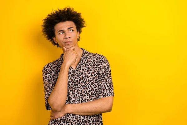 Portrait of young guy touch chin brainstorming thoughtful clever look suspicious his surreal girlfriend isolated on yellow color background.