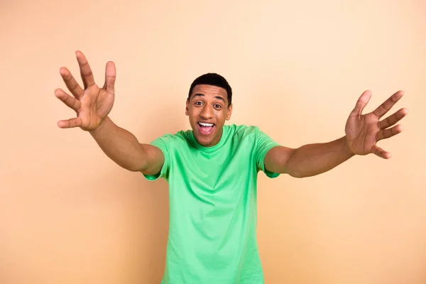 Photo Portrait Attractive Young Man Stretching Hands Excited Want Hugging — Stock Photo, Image