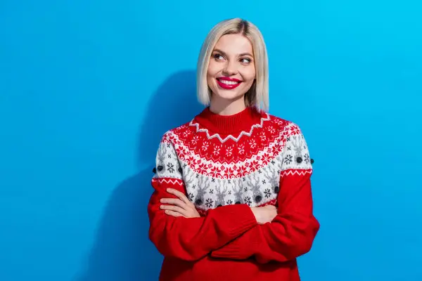 Photo Positive Lady Crossed Arms Look Empty Space Mas Holiday — Stock Photo, Image