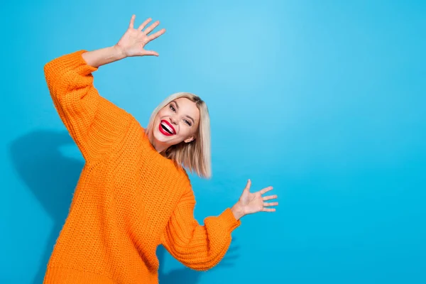 Portrait Cheerful Astonished Funky Girl Raise Arms Empty Space Proposition — Stock Photo, Image