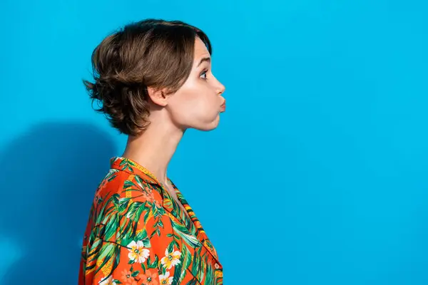 Profile portrait of carefree positive person hold breath pouted cheeks look empty space isolated on blue color background.