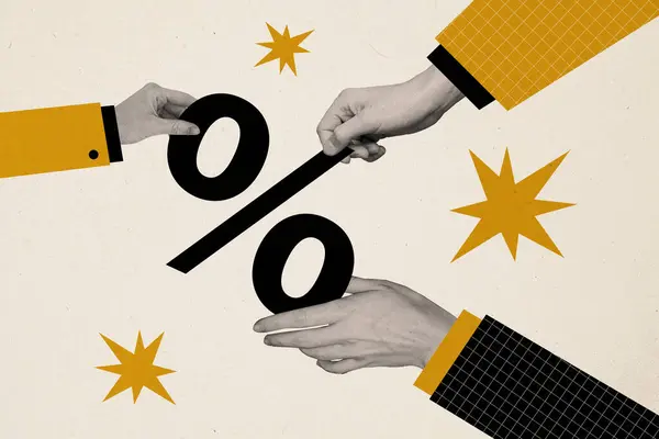 Collage 3d image of pinup pop retro sketch of hands holding percentage symbol discount sales shopping bizarre unusual fantasy billboard.