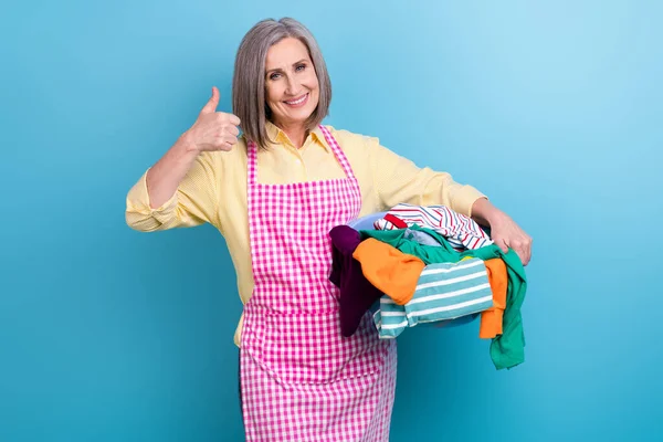 Portrait Satisfied Nice Aged Lady Hold Laundry Basin Arm Fingers — Stock Photo, Image