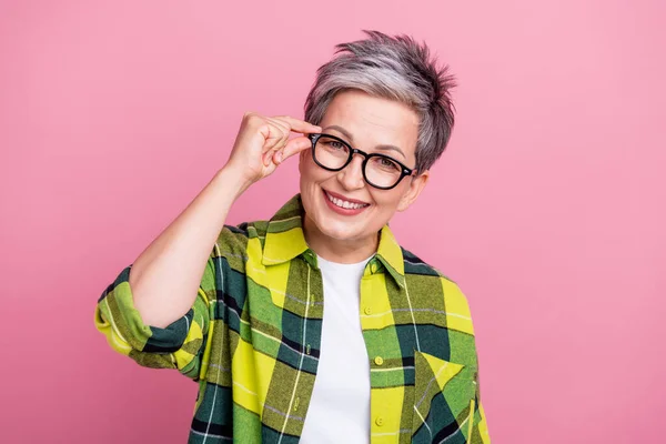 Portrait Satisfied Clever Senior Person Gray Hairdo Dressed Plaid Shirt — Stock Photo, Image
