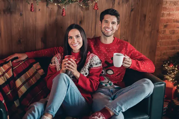 Photo of dream holiday winter season relaxation couple drinking mulled wine preparing red ugly sweaters with ornament happy new year spirit.
