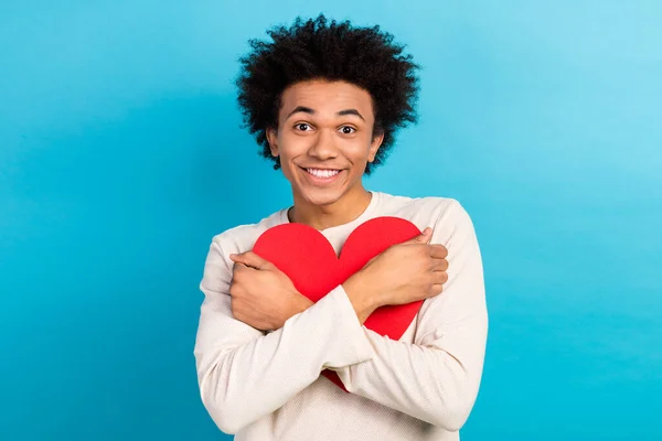 Photo Portrait Nice Young Guy Hugging Red Heart Shape Postcard — Stock Photo, Image