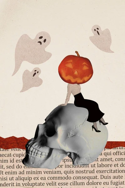 Vertical Creative Composite Photo Collage Woman Pumpkin Head Sit Skull — Stock Photo, Image