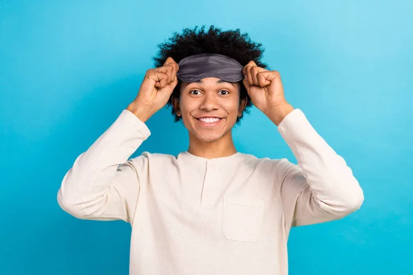 Photo Nice Cheerful Person Beaming Smile Hands Touch Blindfold Mask — Stock Photo, Image