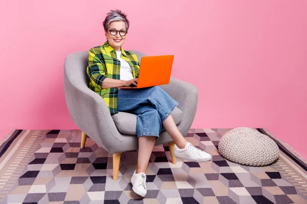 Full Length Photo Intelligent Woman Wear Checkered Shirt Sit Armchair — Stock Photo, Image