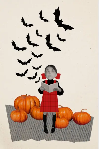 Komik Küçük Kızın Birleşik Kolaj Görüntüsü Koca Kafa Kitap Okuyor — Stok fotoğraf