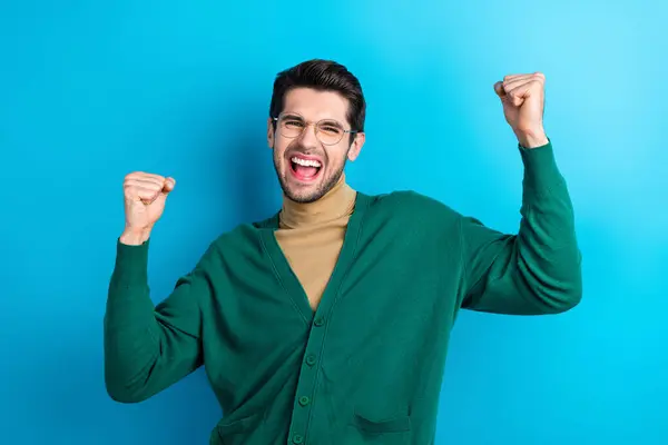 Photo Satisfied Delighted Person Raise Fists Luck Attainment Shout Yeah — Stock Photo, Image
