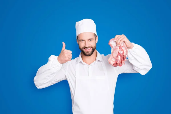 Portrait Cheerful Joyful Butcher Stubble Having Fresh Meat Hand Showing — Stock Photo, Image