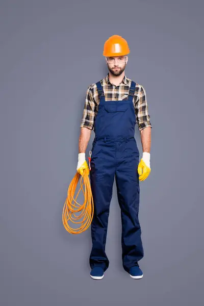 Full Size Fullbody Portrait Snap Handsome Strict Electrician Bristle Overall — Stock Photo, Image
