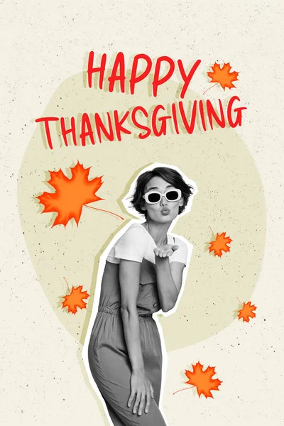 Vertical collage image of black white effect girl arm send air kiss you happy thanksgiving poster flying fallen maple leaves.
