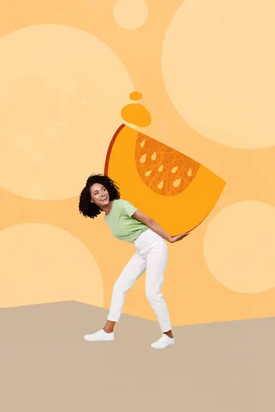 Vertical collage image of positive funky girl arms hold carry huge pumpkin piece isolated on painted beige background.