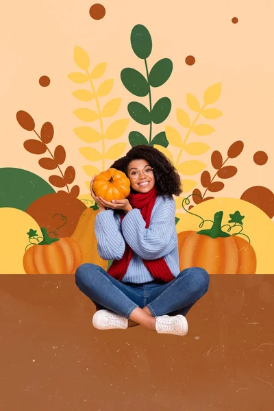 Vertical collage image of cheerful girl hands hold pumpkin drawing plant leaves isolated on creative beige background.