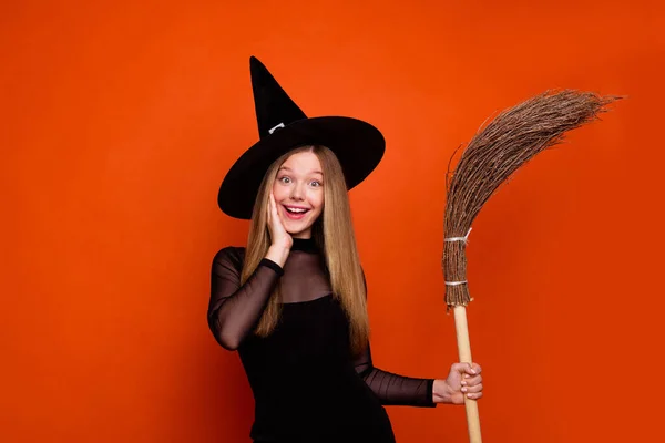 Photo Portrait Attractive Blonde Teen Woman Hold Broom Excited Dressed — Stock Photo, Image