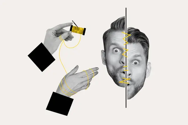 Yapımı Poster Kolajı Yüz Kısımlarını Birleştiriyor Adam Psikoterapi Ipliği Iğnesi — Stok fotoğraf