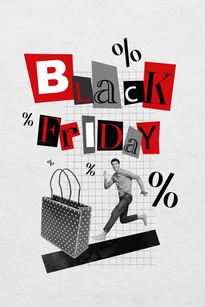 Creative black friday template collage of excited guy shopaholic fast run for shopping sales.