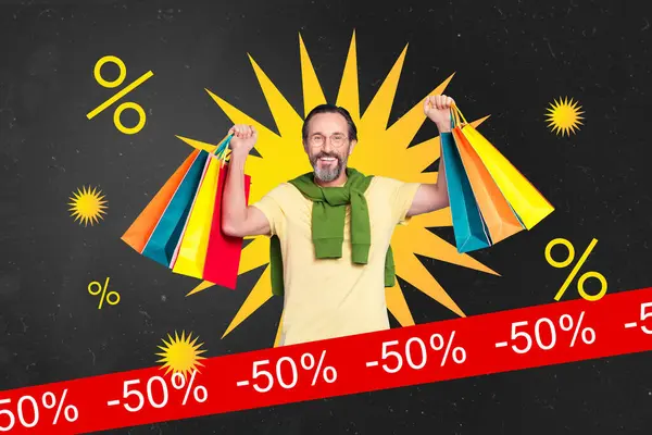 Creative template magazine collage painting image of guy with shopping bags virtual coupon on half sale for black friday.