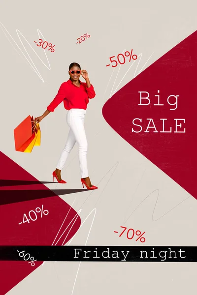 Collage promo poster of beautiful elegant girl walk store buy clothes trendy collection -50 -70 -30 percent isolated on drawing background.