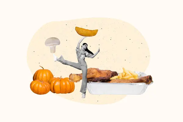 白い背景を描くことで孤立した伝統的な食事を食べながら踊る陽気な喜びあふれる少女のアートワーク画像コラージュ — ストック写真