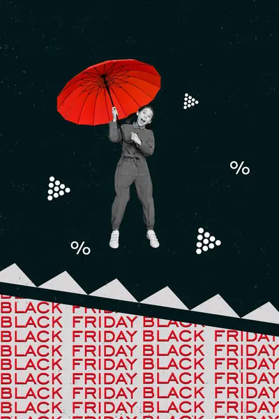 Vertical illustration collage of flying funny red parasol girl teenager black friday trap cant stop buying isolated on dark background.