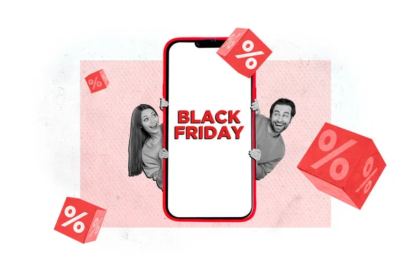 Virtual shopping web application collage middle interface logo black friday sale phone screen couple interested isolated on pink background.