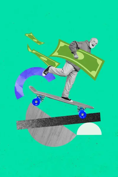 Vertical illustration collage of funky senior old businessman take his banknote riding skate his weekend isolated on green background.