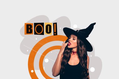 3d retro abstract creative artwork template collage of gorgeous stunning witch vampire lick fingers seduce tempting boo text bloody party. clipart