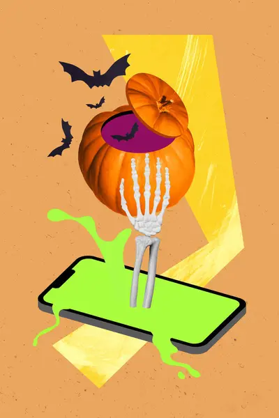 Collage Image Skeleton Arm Growing Gadget Preparing Halloween Pumpkin Spell — Stock Photo, Image