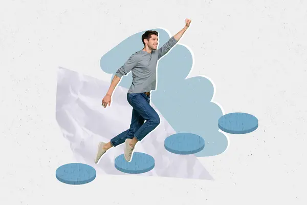 综合创意3D照片拼贴积极上进心的男人举起拳头爬上职业阶梯孤立的背景 — 图库照片